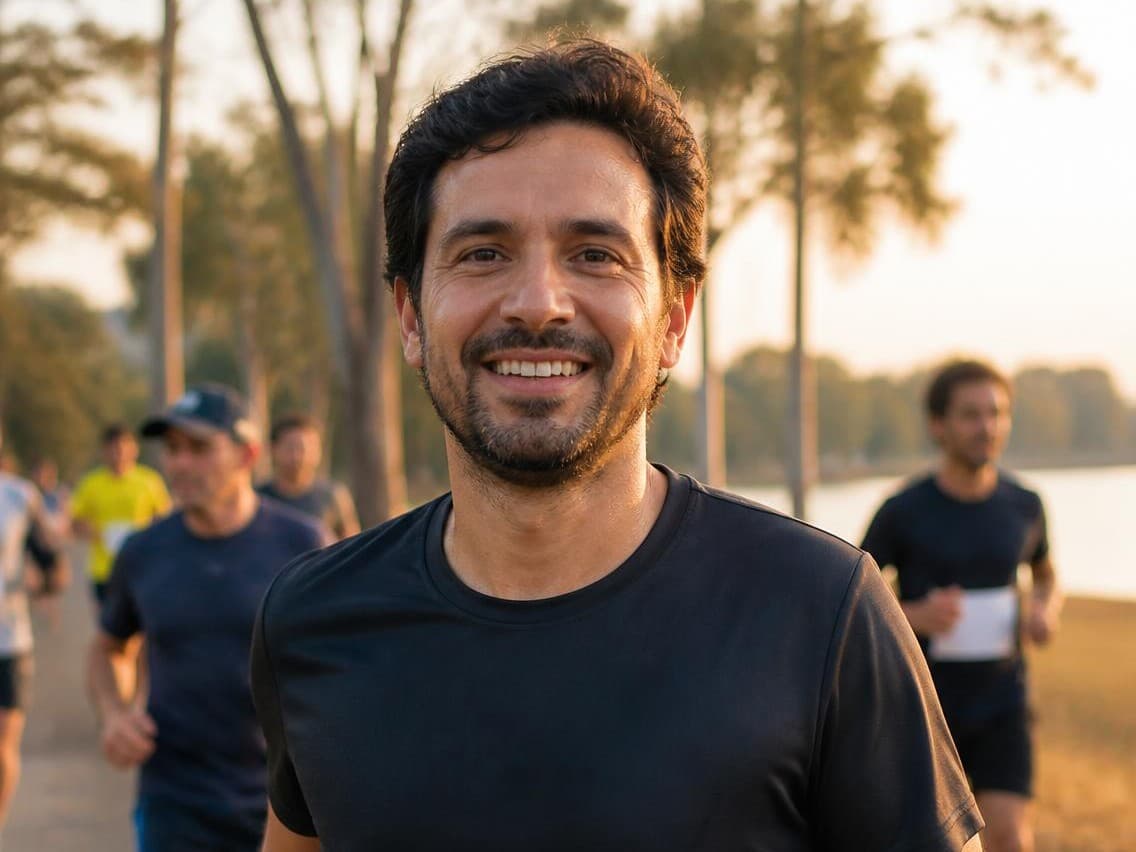 Corredor sorrindo durante um treino ao amanhecer