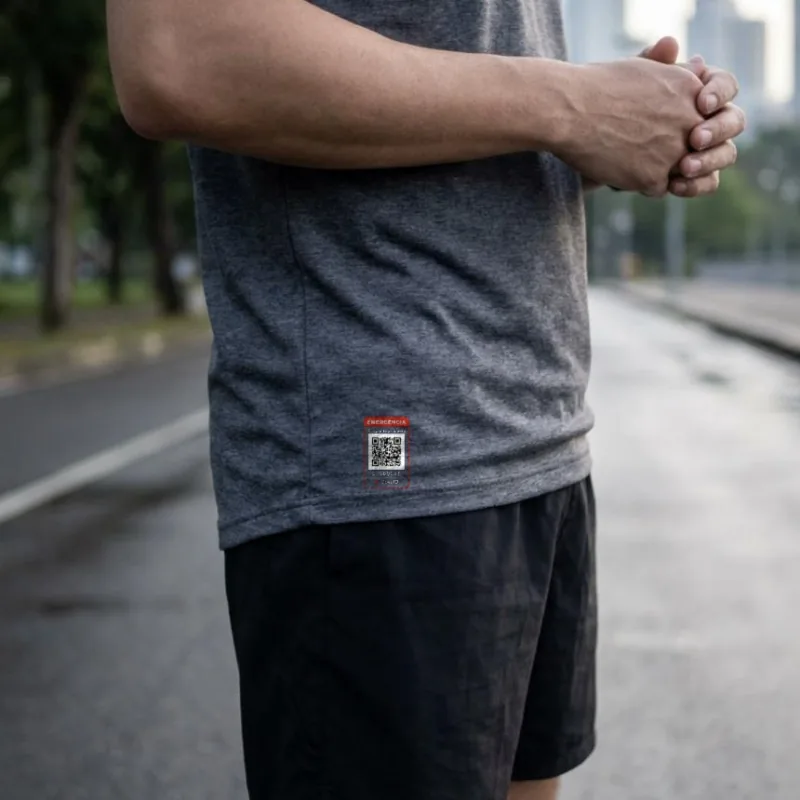 Camiseta cinza-escura com a etiqueta de emergência MoveID de 3,5 × 5,5 cm aplicada na lateral